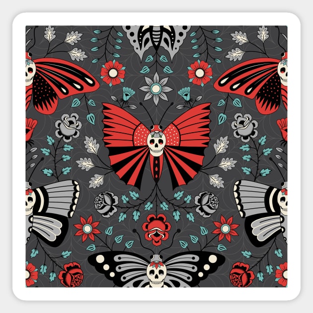 Gothic Halloween design featuring Butterflies, Skulls and Flowers Sticker by missmewow